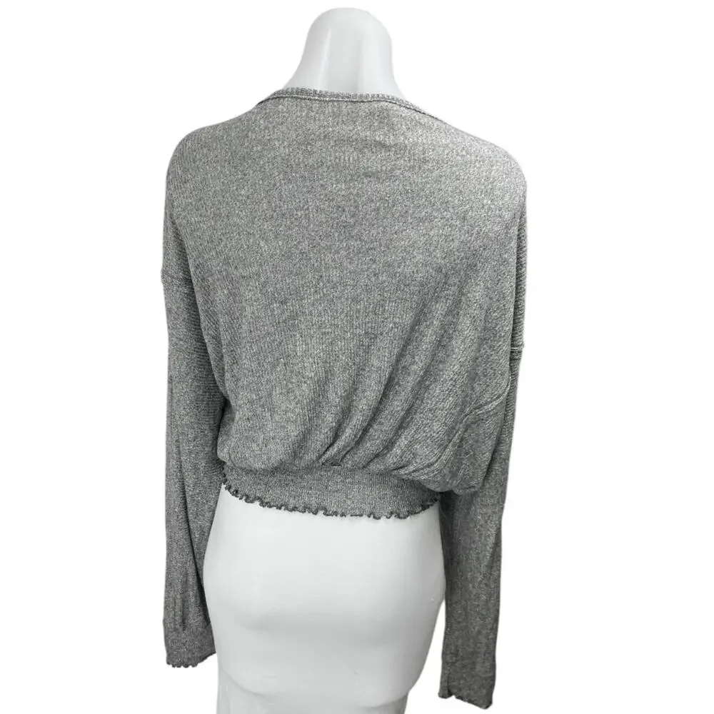 Free People We The Free Gray Long Sleeve Smocked Knit Cropped Sweater Top Size M